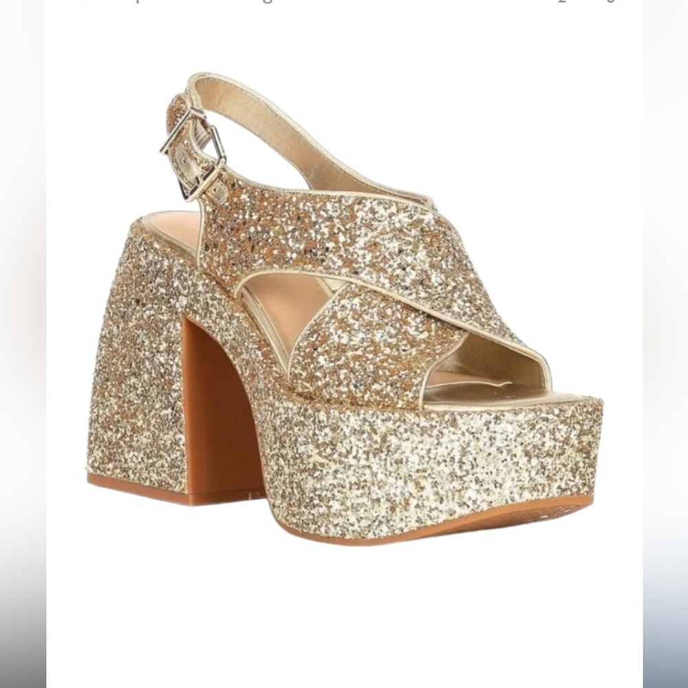 Gianni Bini Friday-Nite Gold Chunky Glitter Platform Dress Sandals Size 8